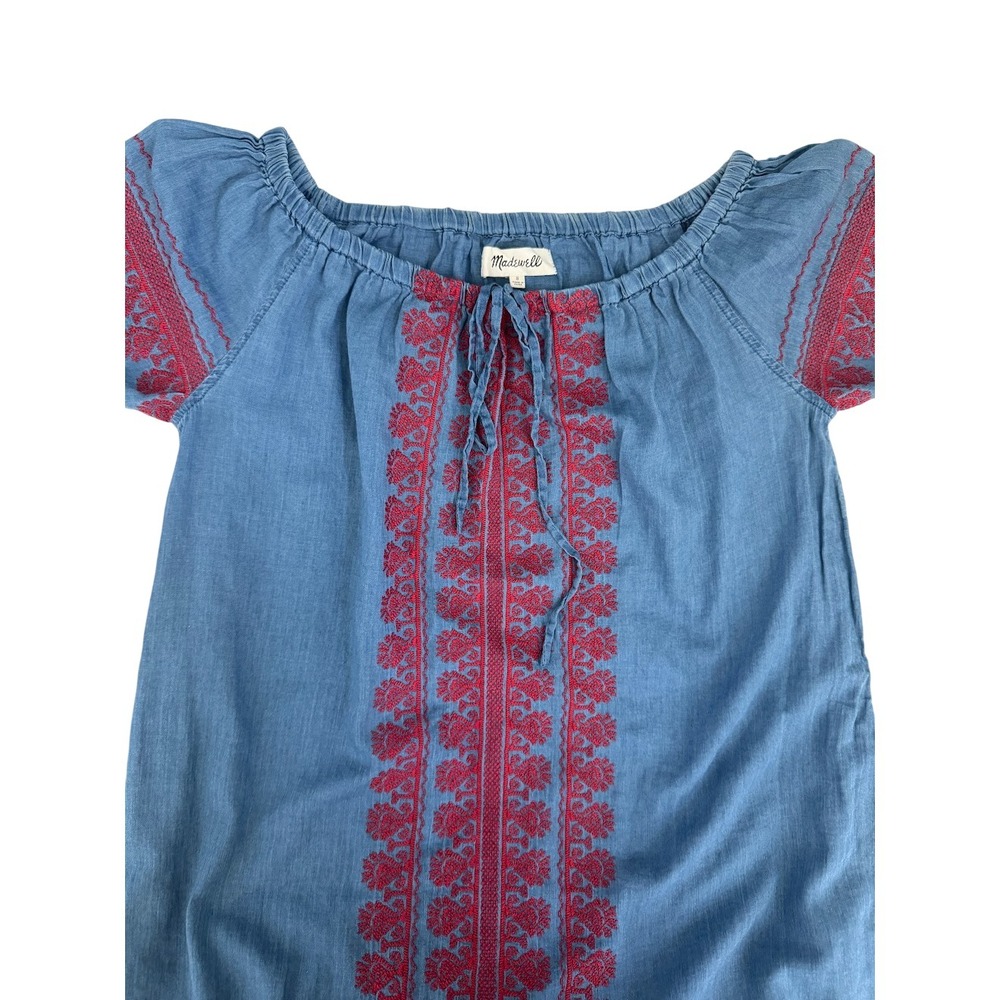 Madewell Mercado Blue Embroidered Cotton Midi Dress Off Shoulder Size S Boho - Picture 5 of 9